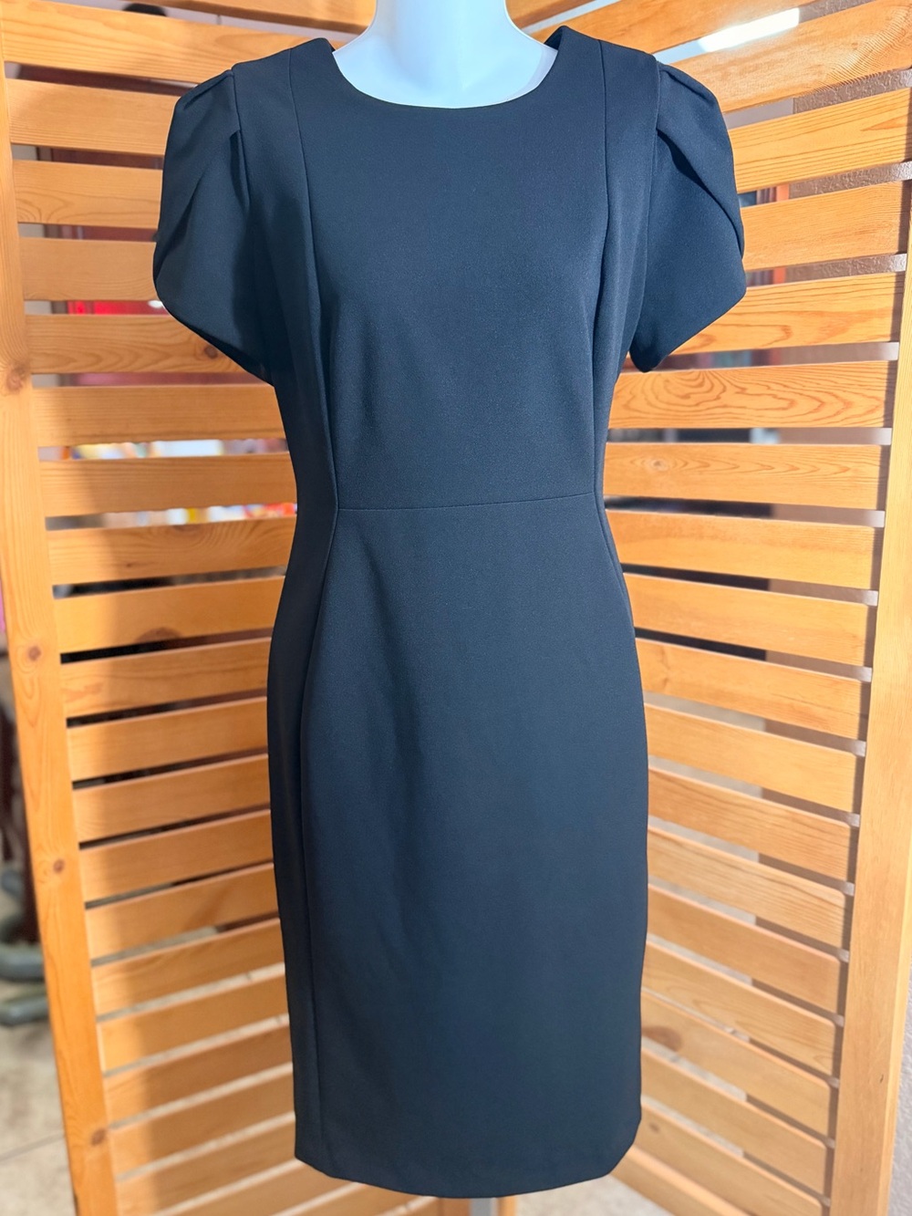 Calvin Klein Black Puff-Sleeve Midi Sheath Dress
